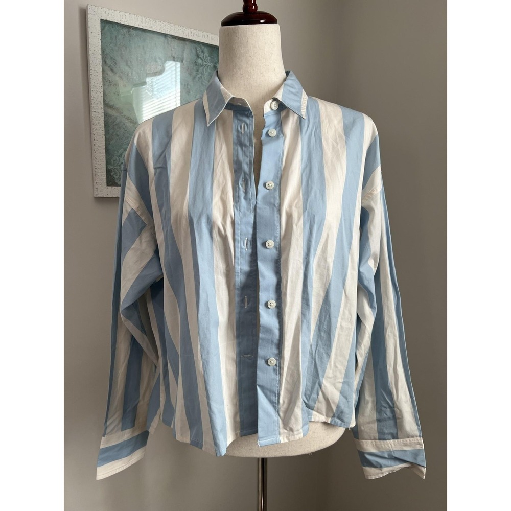 J. Crew Collection Cropped Shirt Barlow Stripe Blue White Button Preppy Coastal